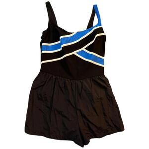 Longitude Black Swim Dress – Blue & White Diagonal Stripe Accents, Size 16 90s